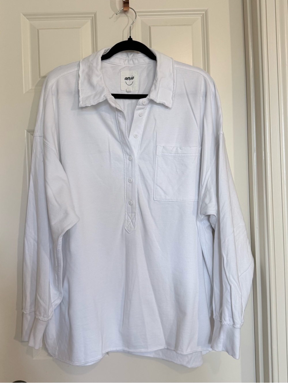 aerie White Long-Sleeve Polo Pullover Lightweight Sweatshirt